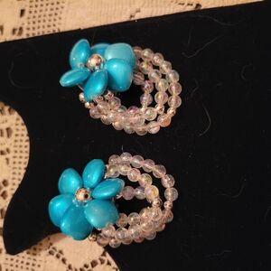 Elegant Blue Floral Beaded Clip Earrings